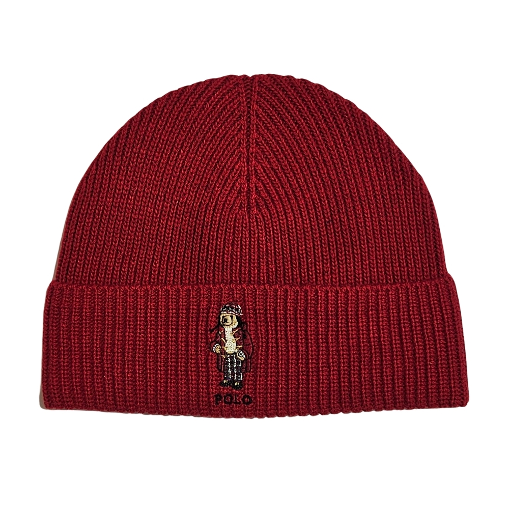 Polo Ralph Lauren Hat Beanie RL Red Wool Blend Bear Rib Knit Streetwear
